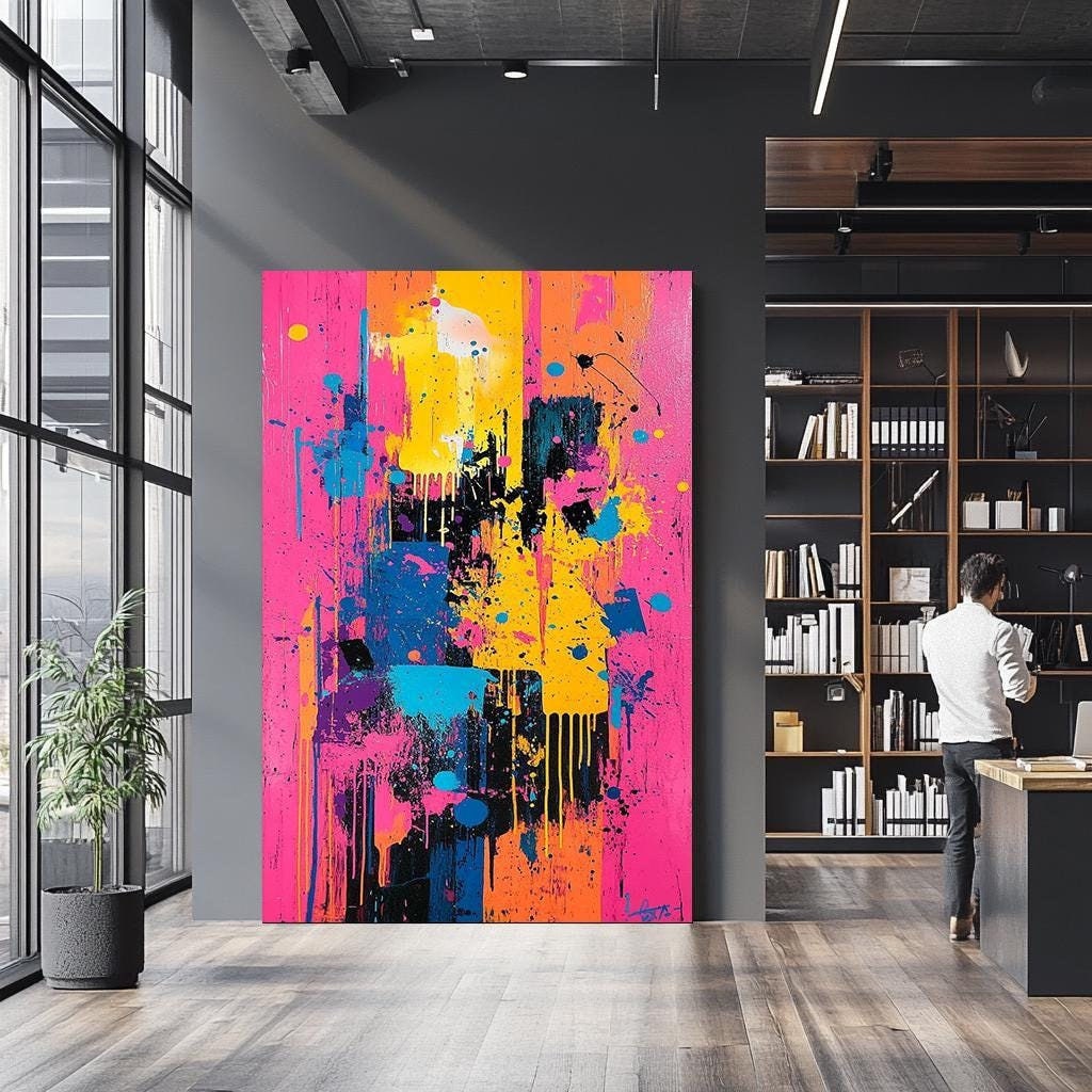Vibrant Abstract Canvas Wall Art, Modern Colorful Wall Décor, Large Pink Yellow Blue Splatter Painting, Unique Hand-Painted Artwork