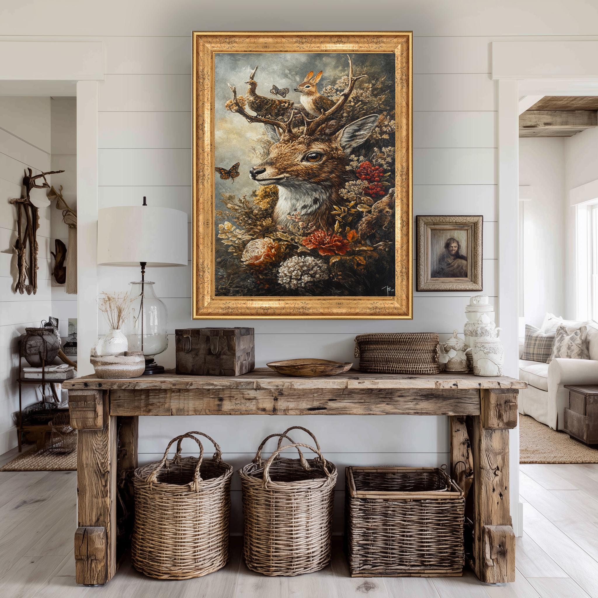 Vintage Deer Canvas – Woodland Animal Print with Butterflies, Rabbits & Flowers