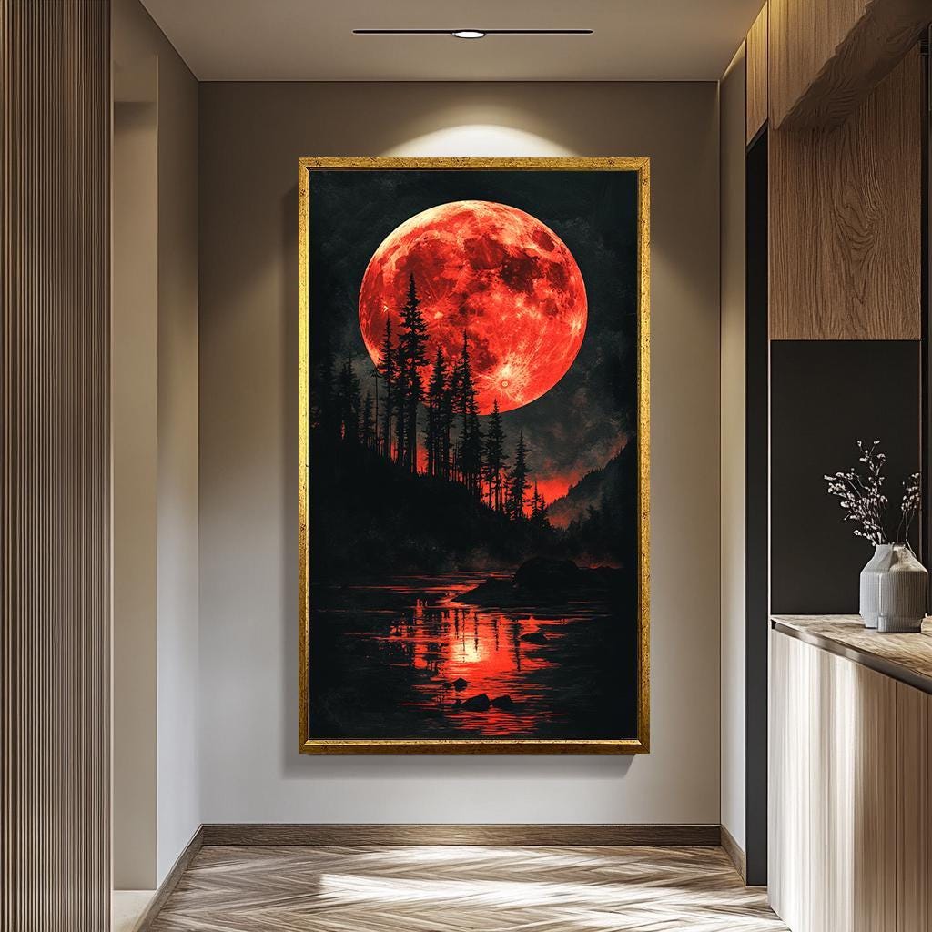 Blood Moon Wall Art – Red Moon Canvas Painting | Handmade Forest Decor