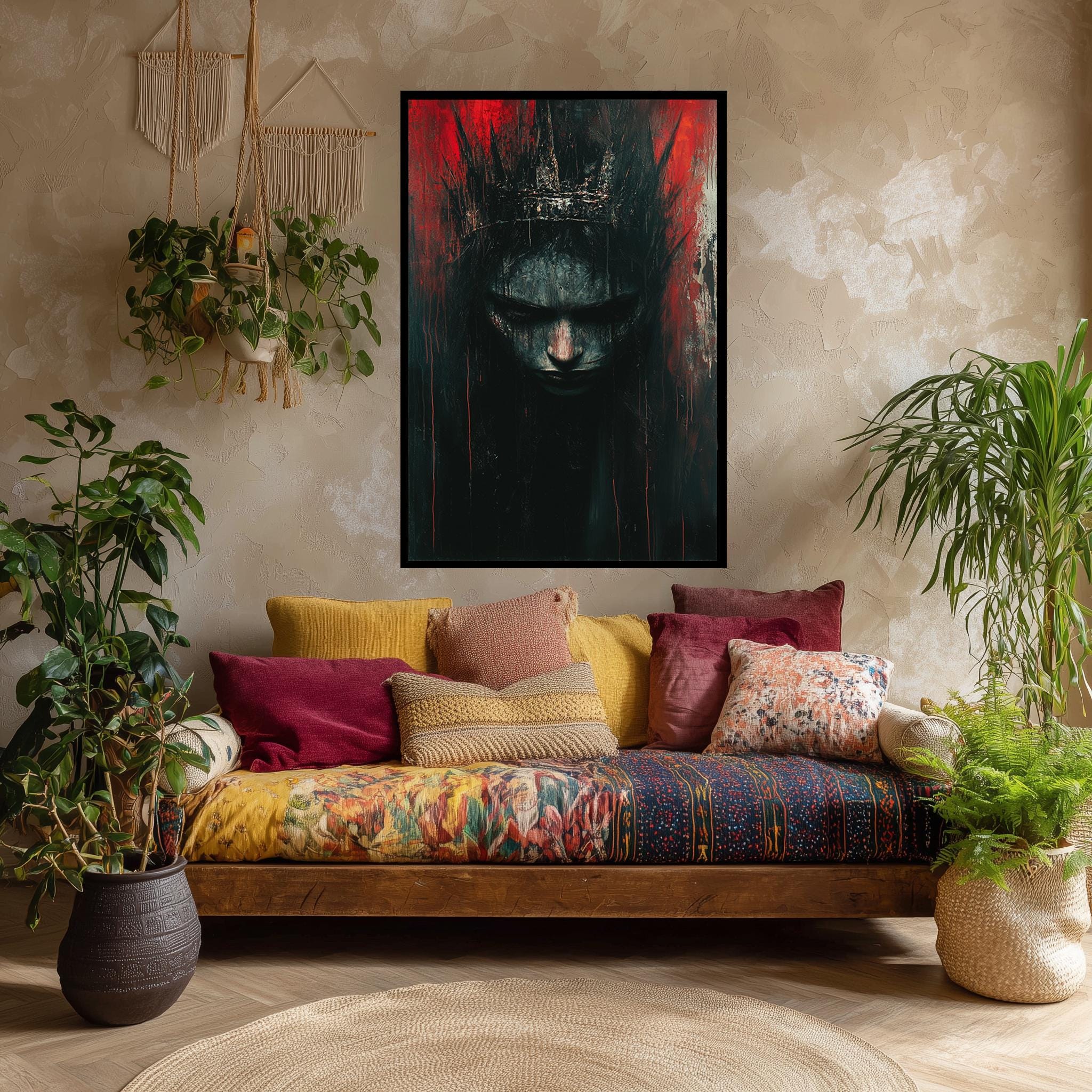 Dark Gothic Queen Canvas | Moody Gothic Wall Art With Fantasy Crown And Abstract Red Black
