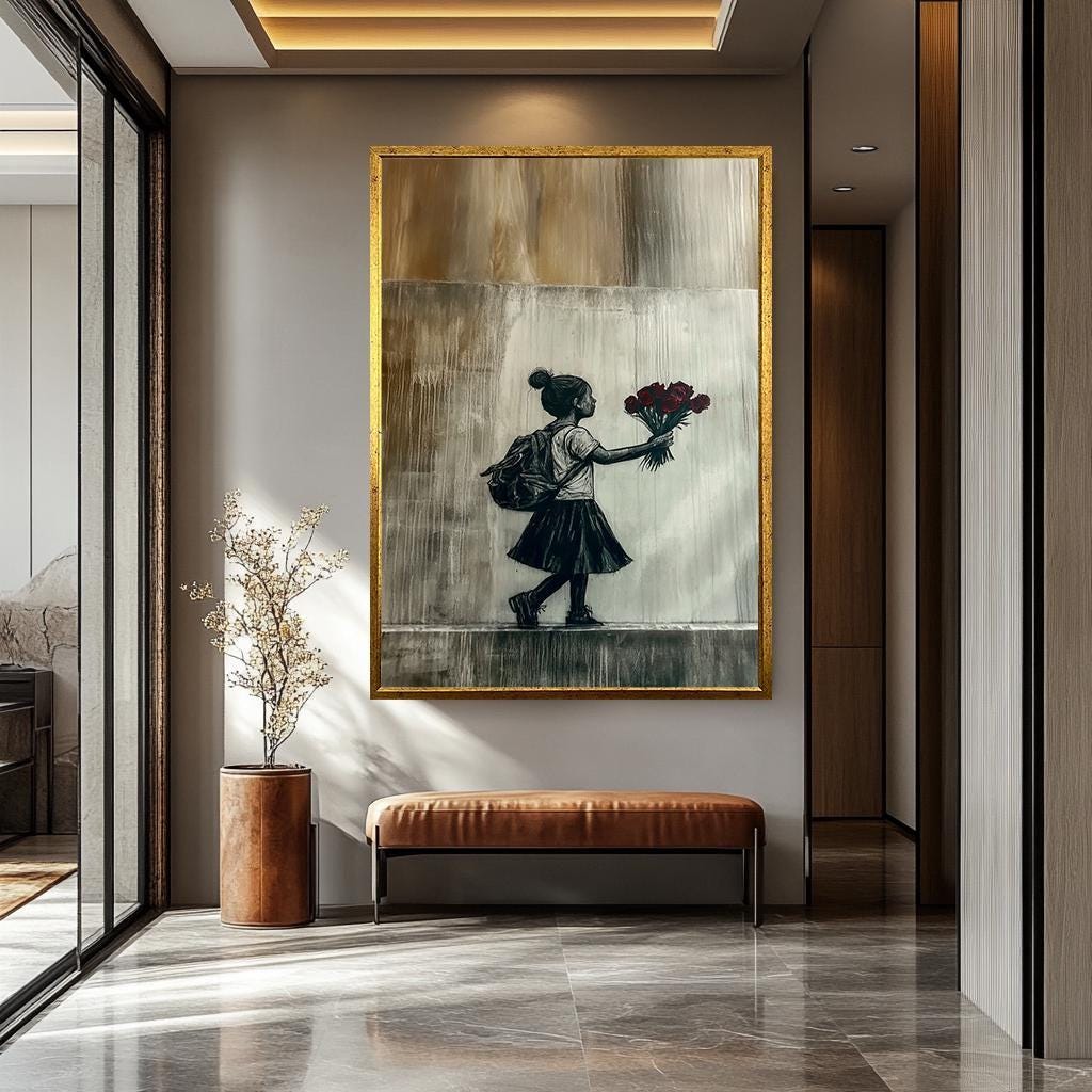 Banksy Wall Art – Girl with Roses Print | Urban Minimalist Canvas Painting