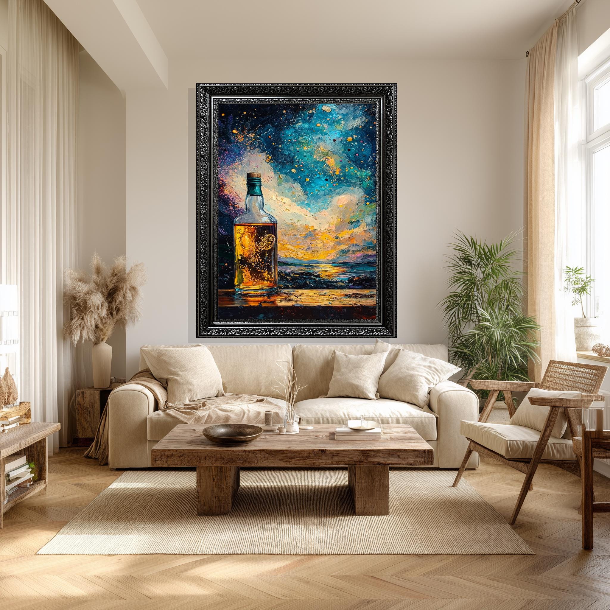 Whiskey Bottle Canvas Abstract Liquor Art – Sunset Alcohol Wall Print For Bar Lounge Decor