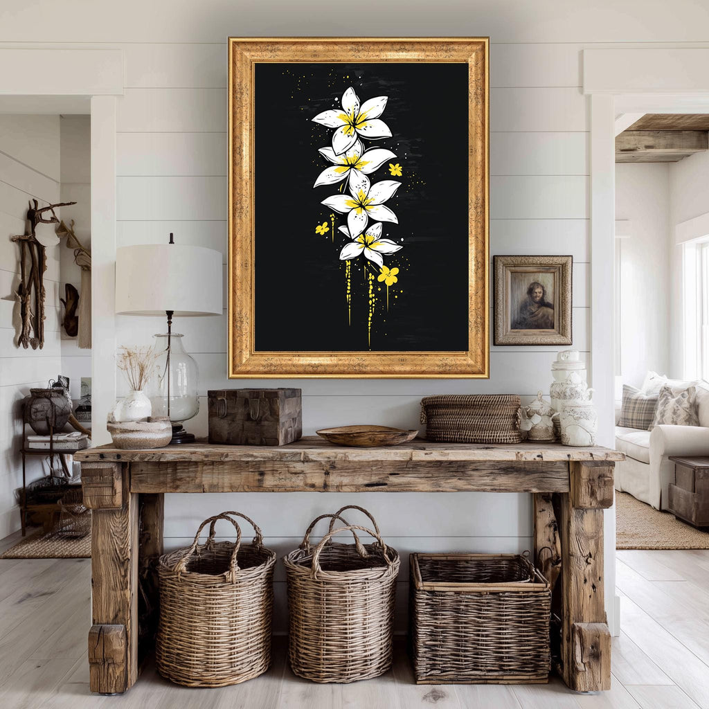 White Plumeria Canvas – Tropical Floral Wall Art With Yellow Accents & Black Background
