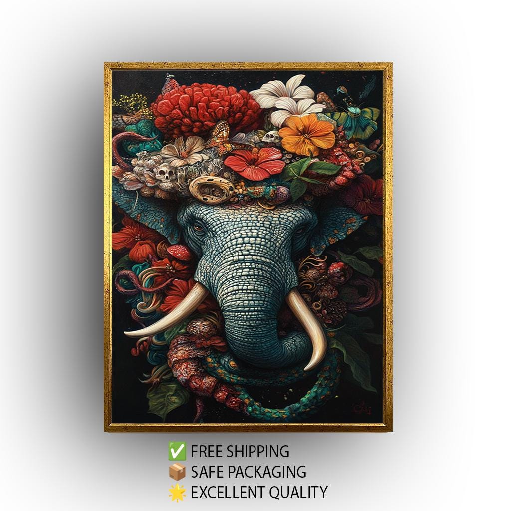 Elephant Floral Canvas Print – Vibrant Botanical Tropical Wall Art with Floral Crown Artwork