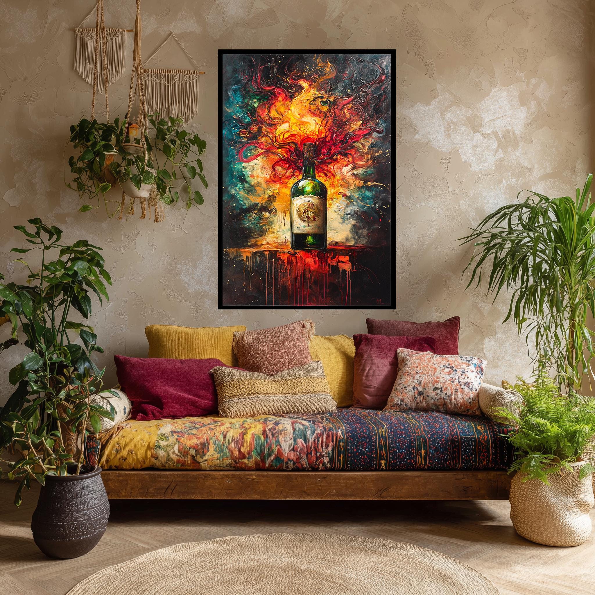 Whiskey Bottle Canvas Art – Fiery Abstract Liquor Print | Bold Bar Wall Decor