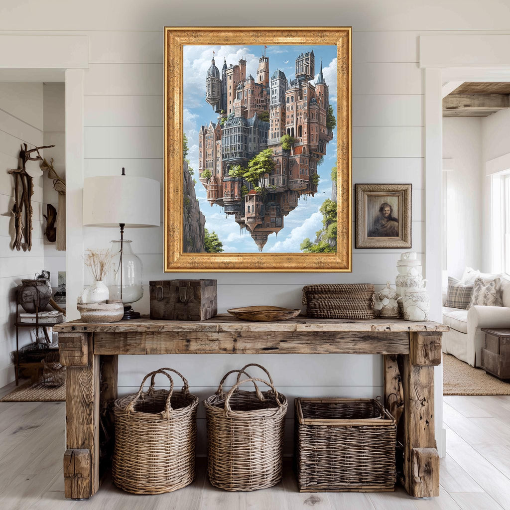 Floating Castle Canvas Surreal Sky Art – Magical Kingdom Print with Upside Down Buildings