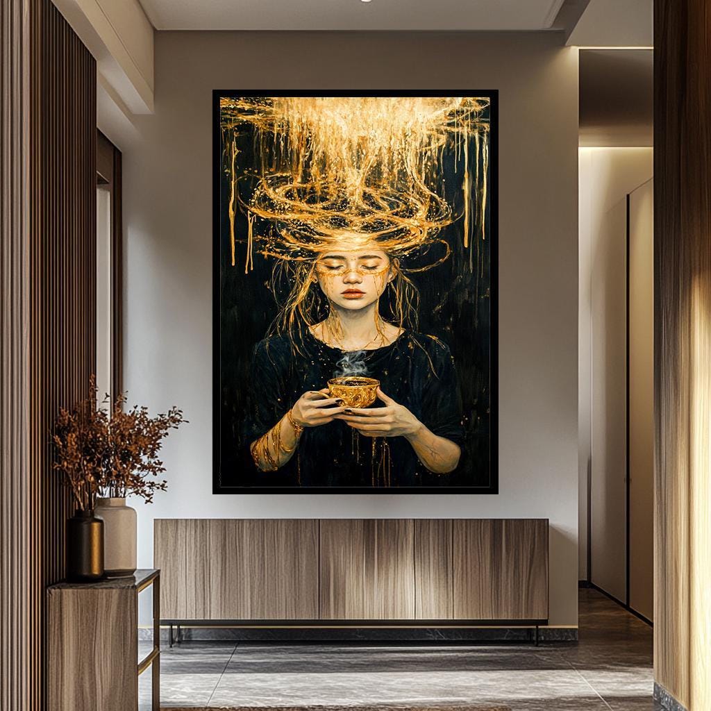 Abstract Woman Wall Art – Luxurious Black and Gold Canvas Female Portrait Print