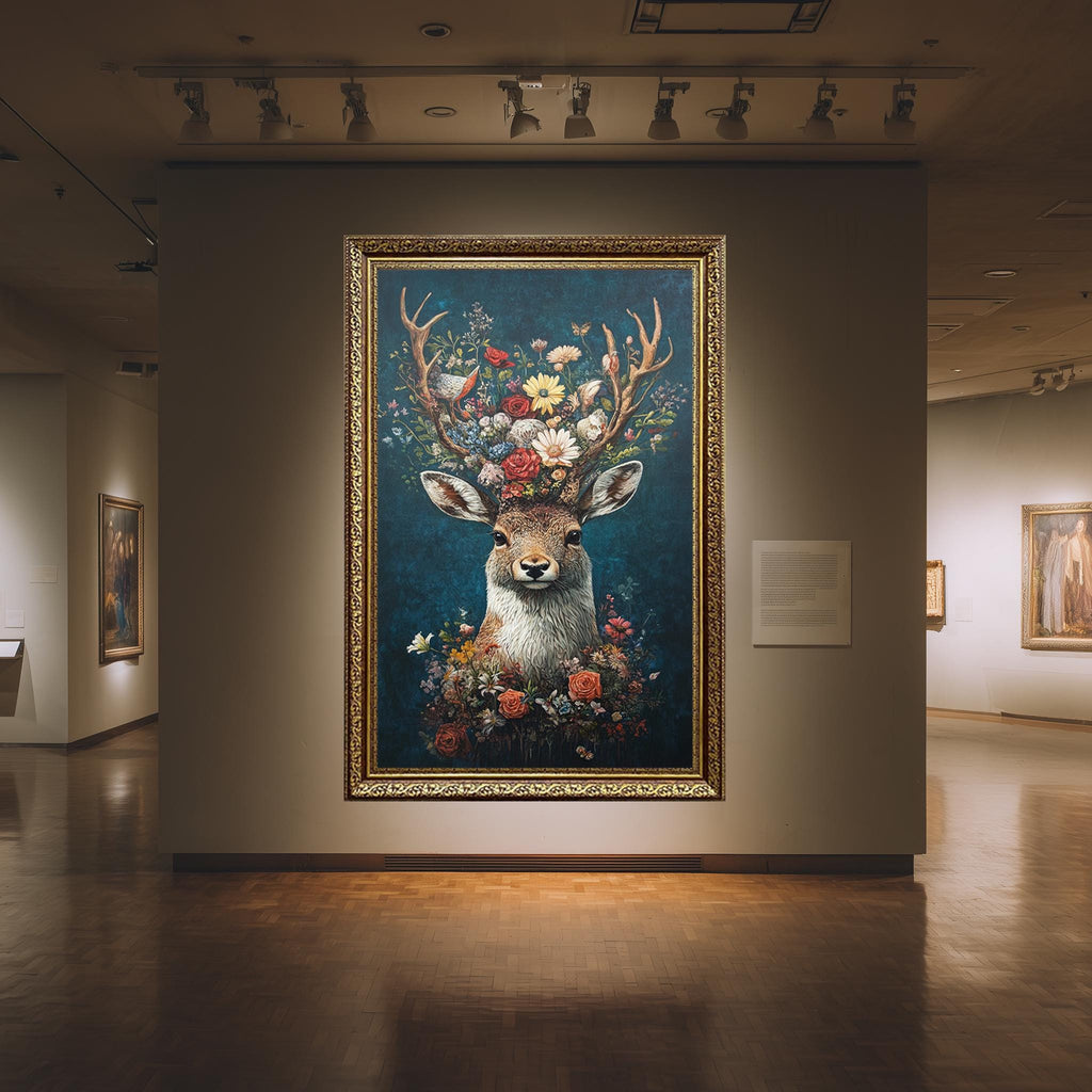 Floral Deer Wall Art – Whimsical Antler Flower Design Canvas for Nursery & Boho Decor