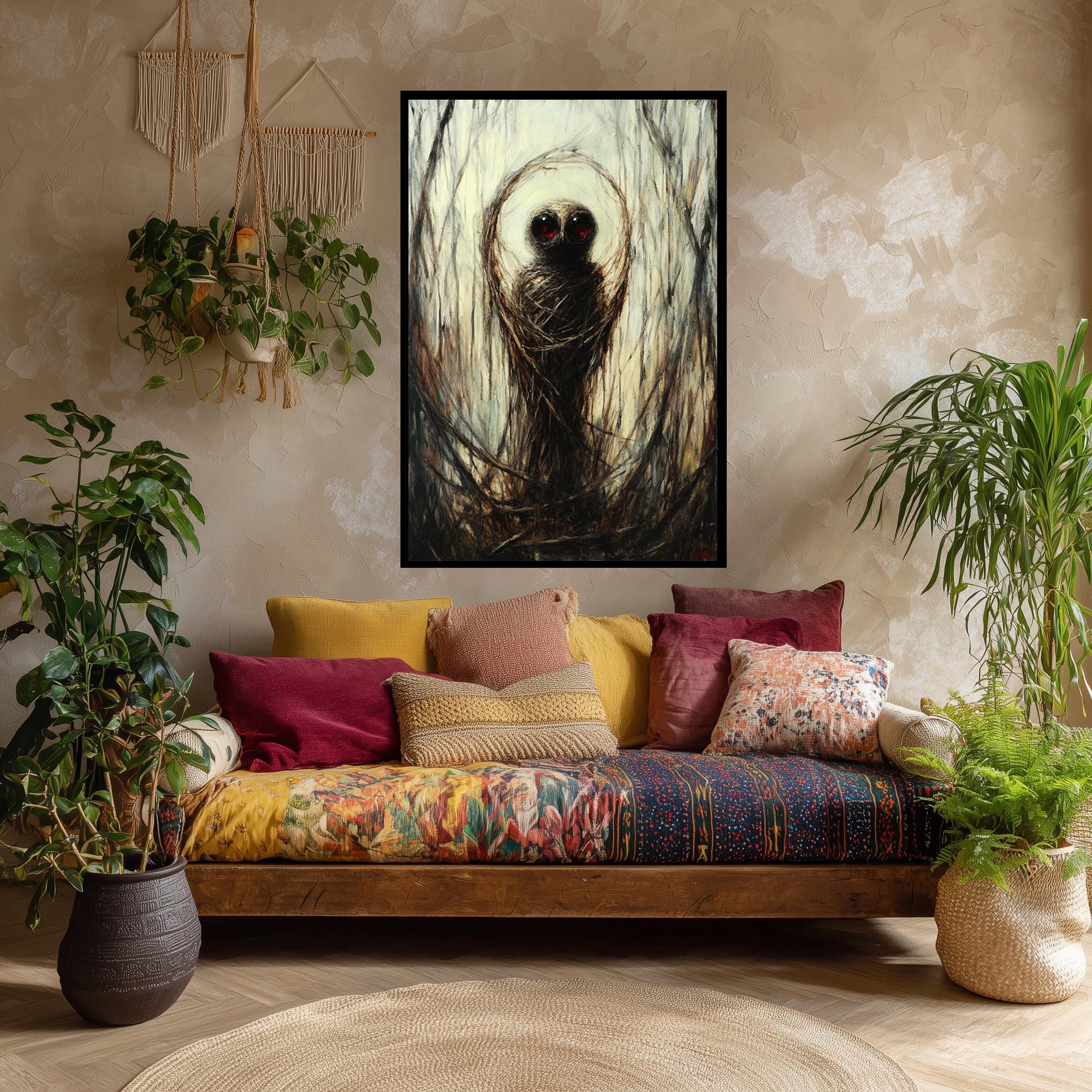Dark Forest Creature Art – Surreal Gothic Wall Decor With Eerie Red Eyes Canvas