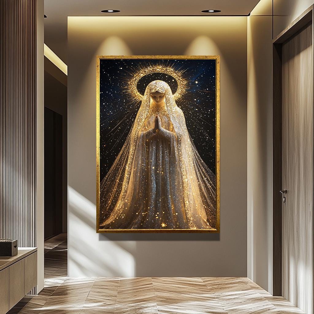 Virgin Mary Wall Art – Mother Mary Canvas Print with Starry Halo | Religious Home Decor