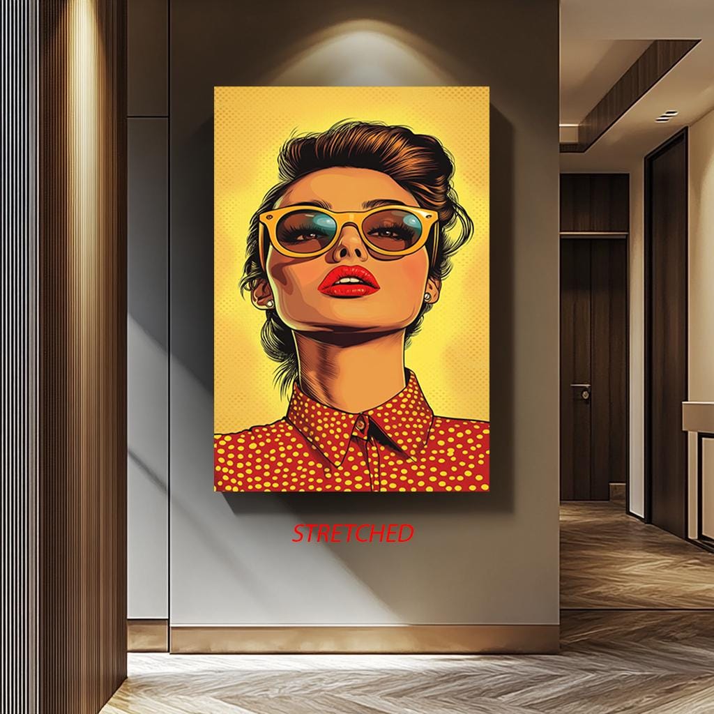 Pop Art Canvas Print – Bold Woman in Sunglasses | Retro Yellow Polka Dot Wall Art
