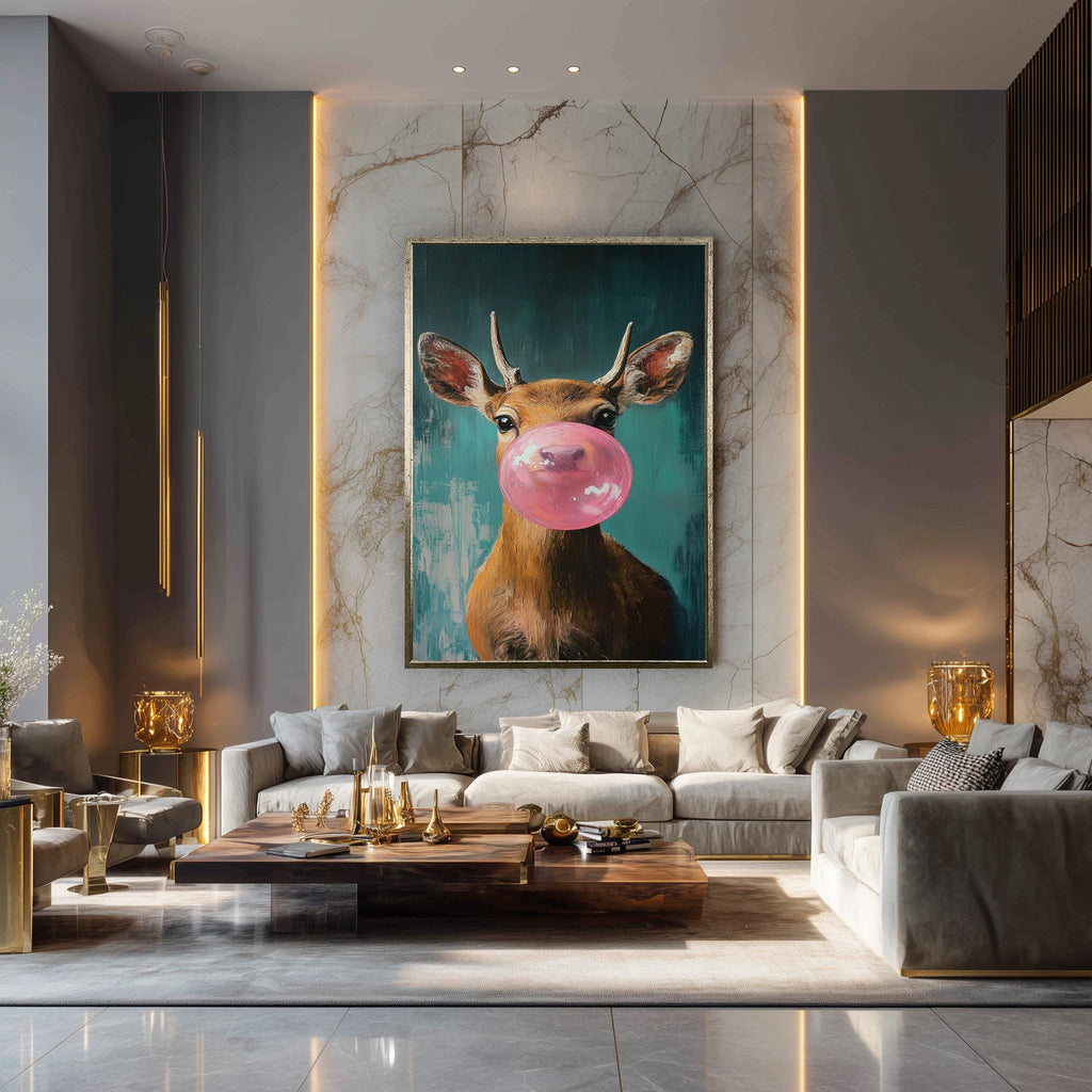 Funny Deer Wall Art – Bubblegum Animal Print on Teal Canvas for Kids Room Decor