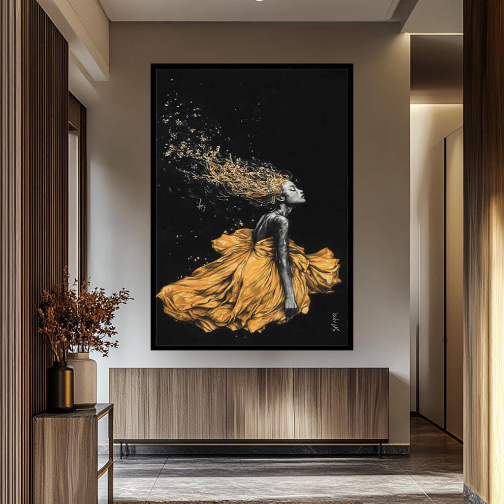 Golden Women Wall Art – Abstract Female Portrait Canvas | Black Gold Modern Decor