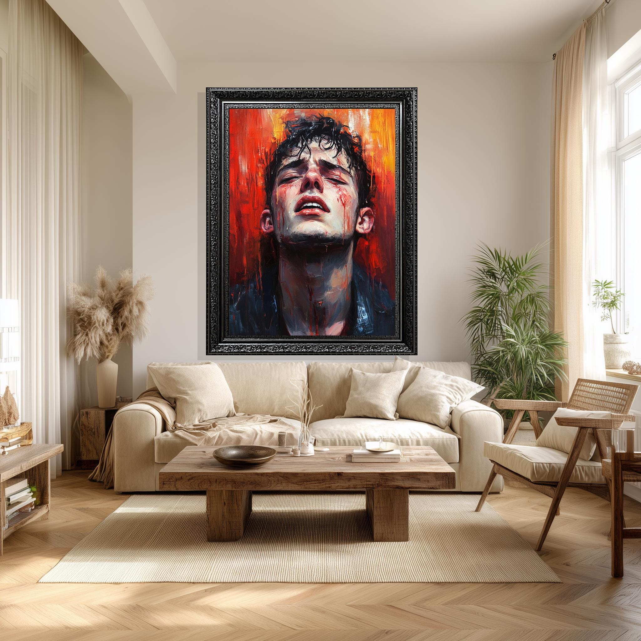 Emotional Male Portrait - Red Abstract Canvas | Bold Figurative Wall Art