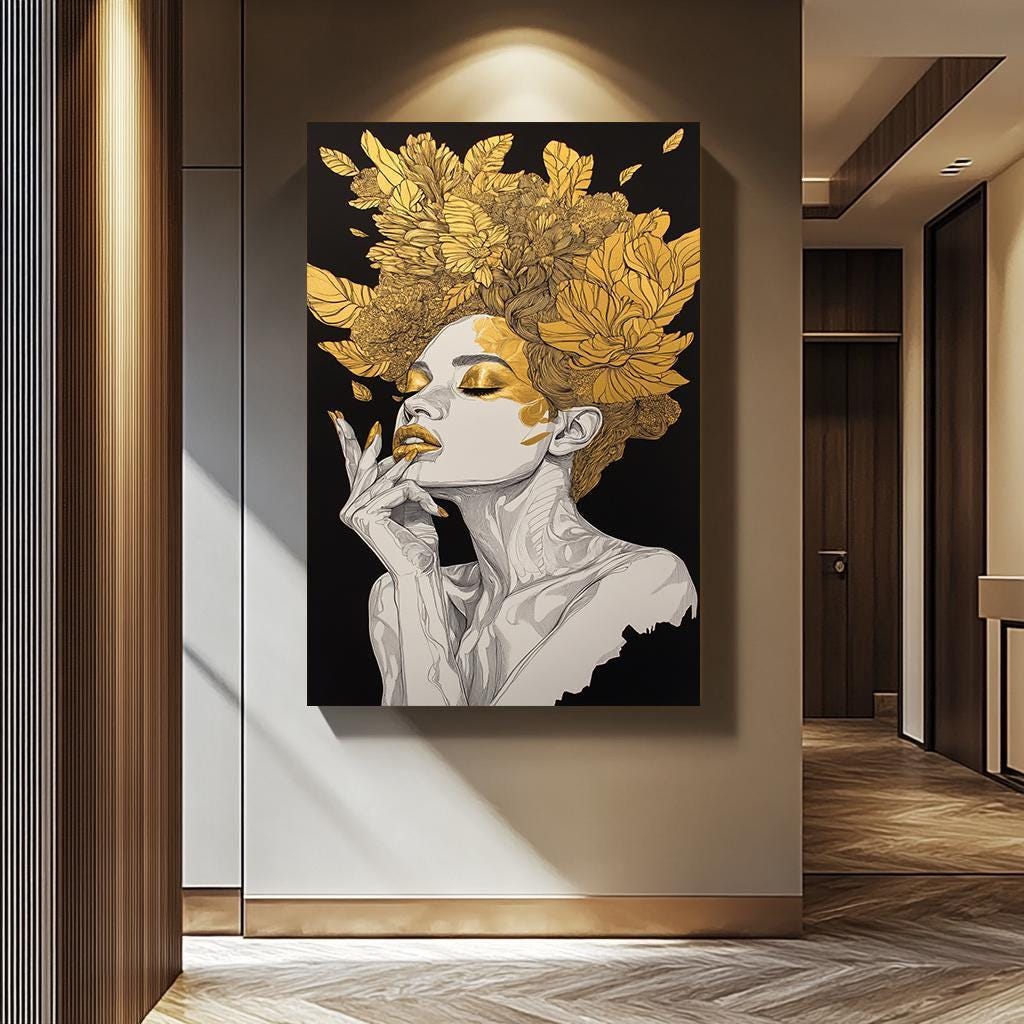 Women Wall Art - Gold Floral Canvas Abstract | Luxury Female Portrait Print