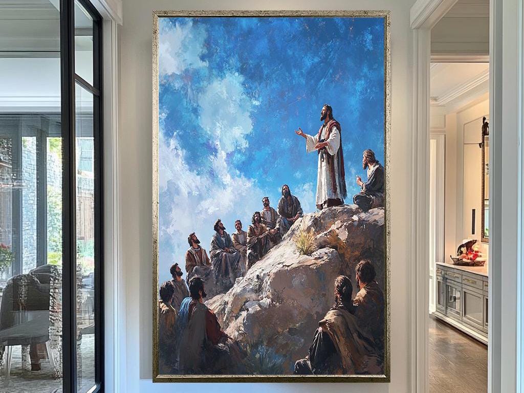 a painting of a man standing on top of a mountain