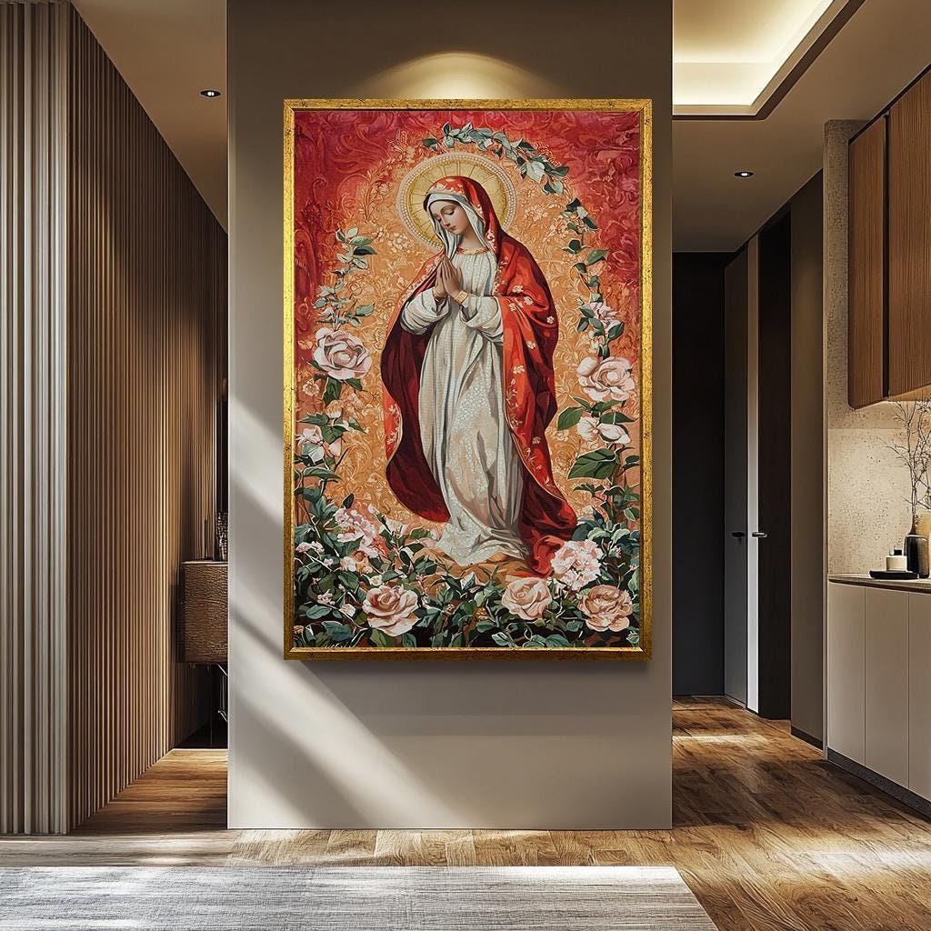 Virgin Mary Wall Art – Traditional Catholic Painting | Rose Garden Decor Canvas