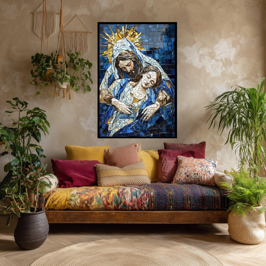 Byzantine Religious Canvas | Mosaic Style Pietà Print - Blue Gold Christian Wall Decor
