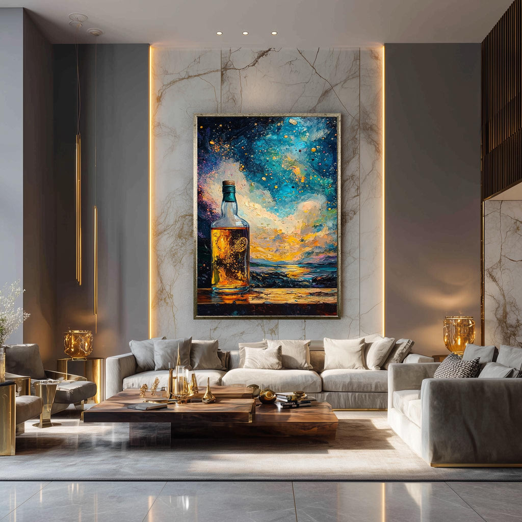 Whiskey Bottle Canvas Abstract Liquor Art – Sunset Alcohol Wall Print For Bar Lounge Decor