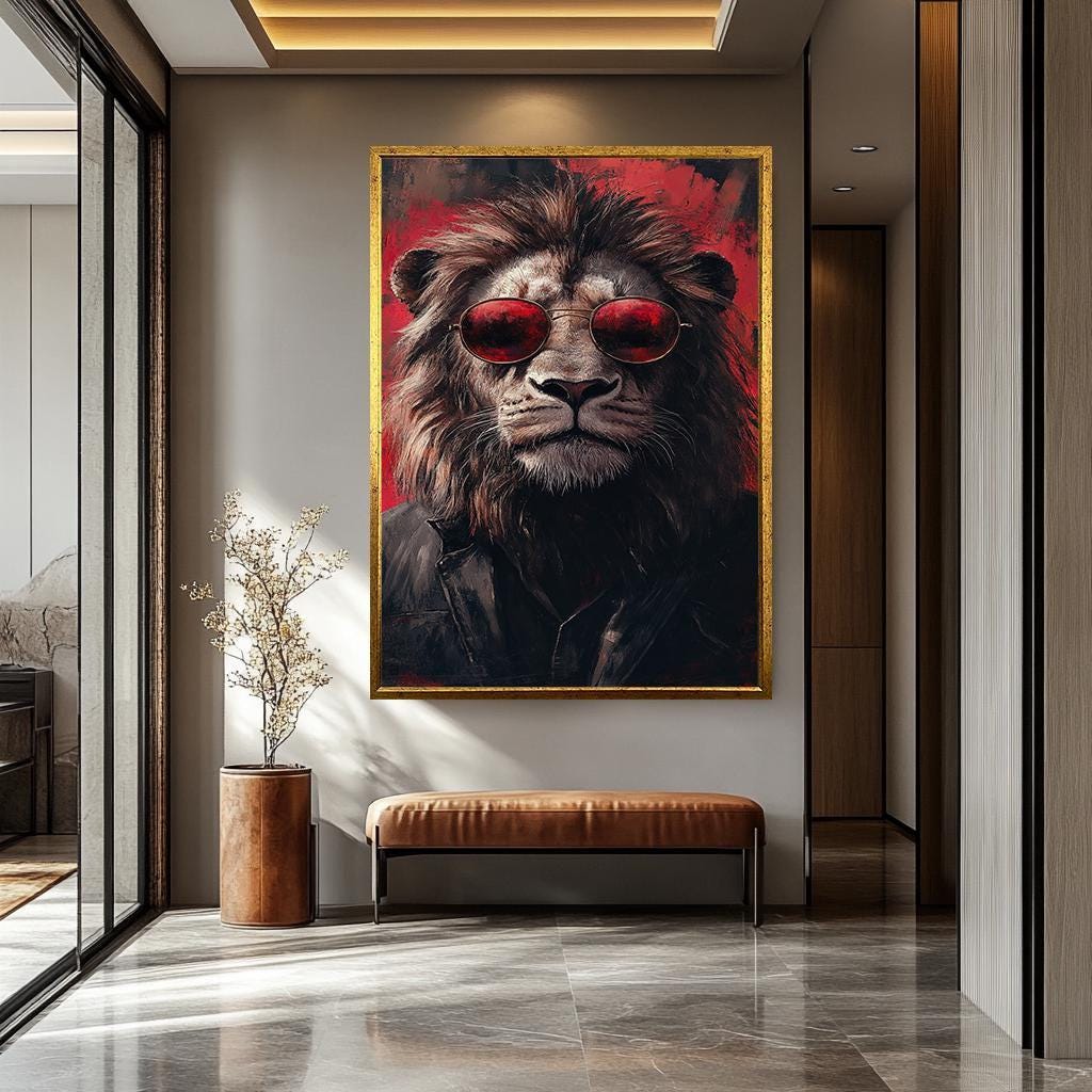 Lion Wall Art – Red Black Canvas Print | Hipster Animal Canvas Decor