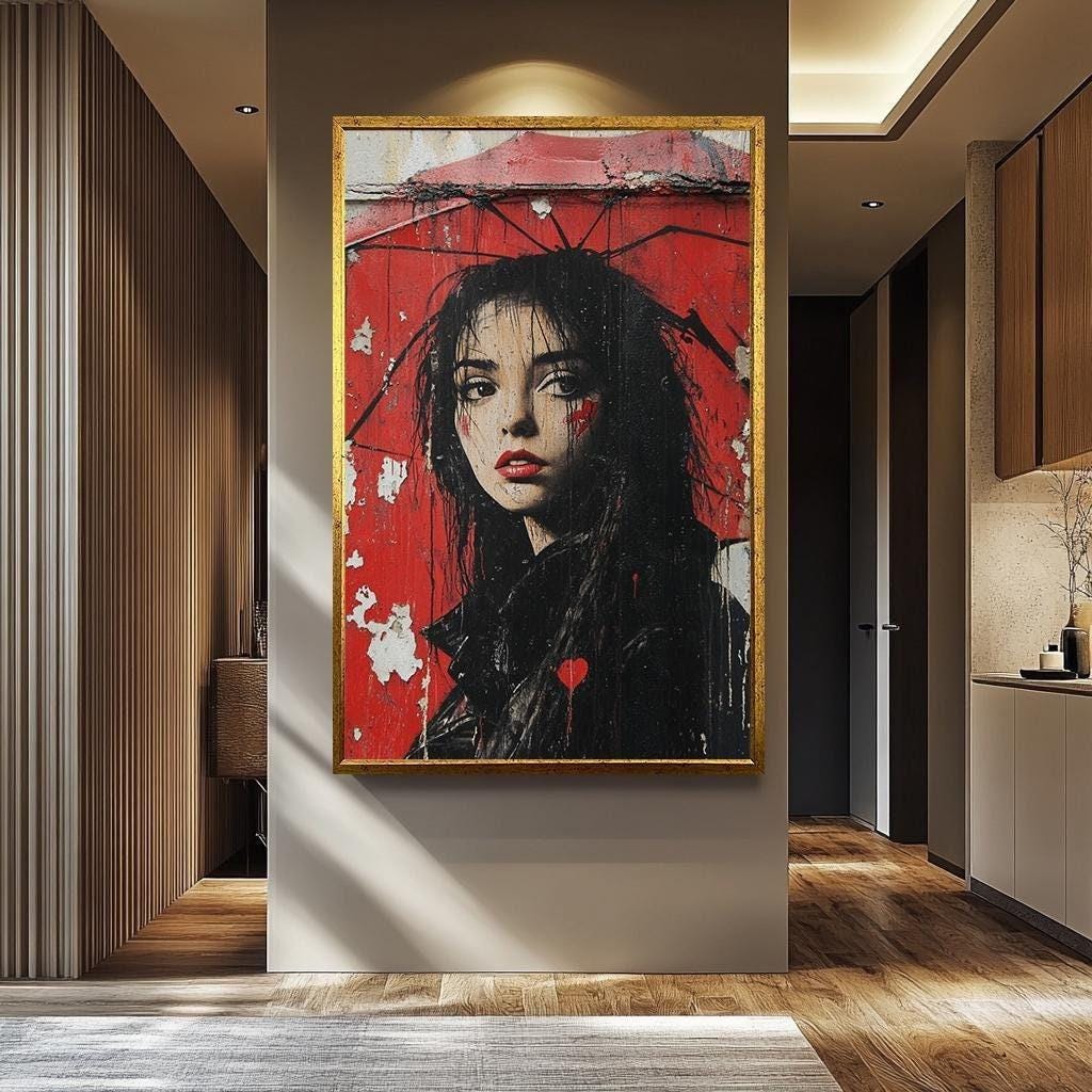 Urban Woman Wall Art - Graffiti Wall Art Portrait Canvas Print with Red Umbrella