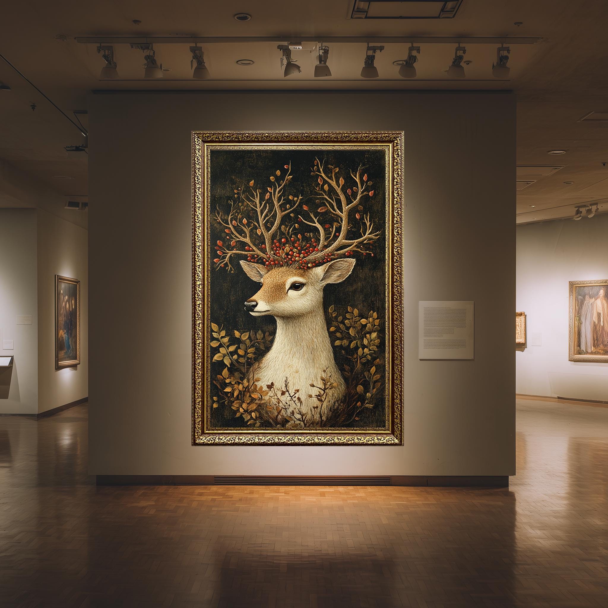 Deer Canvas Wall Art – Rustic Woodland Nature Print with Antlers & Red Berries