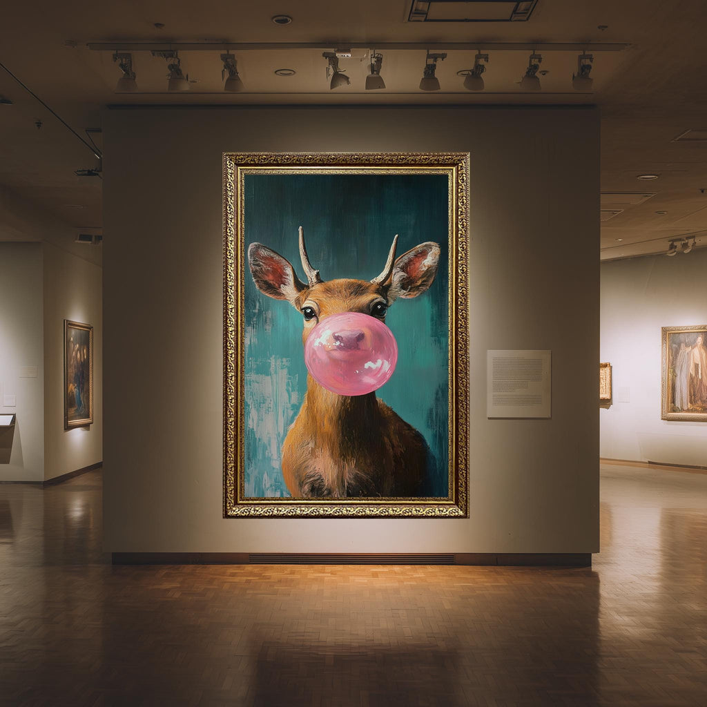 Funny Deer Wall Art – Bubblegum Animal Print on Teal Canvas for Kids Room Decor