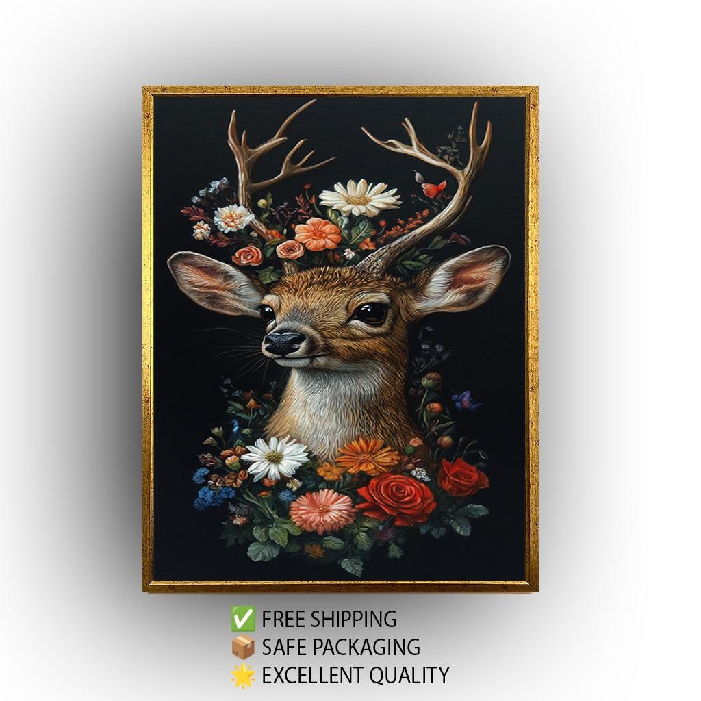 Deer Floral Wall Art – Colorful Wildflower Canvas with Rustic Woodland Animal Artwork
