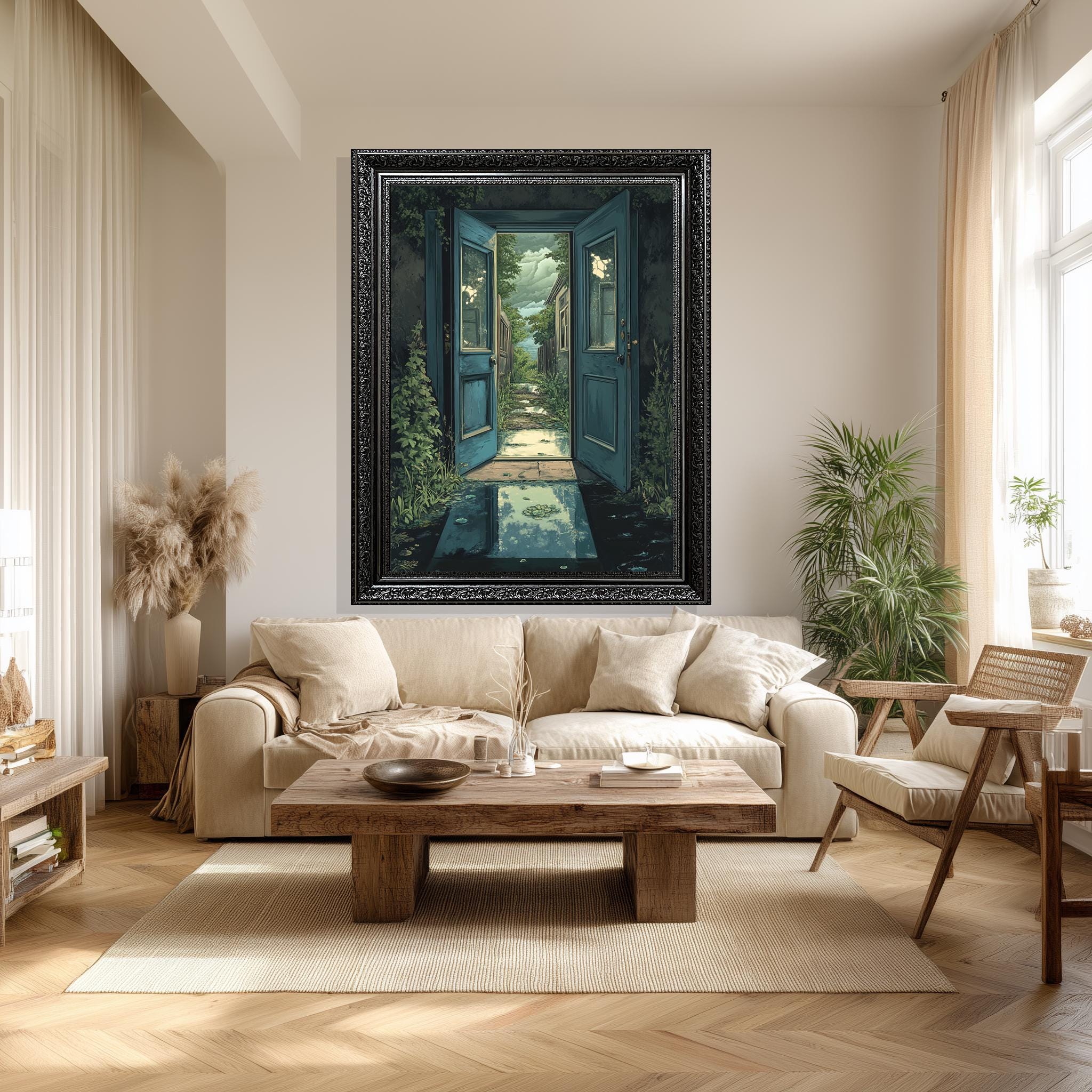 Surreal Open Door Art – Enchanted Door Canvas with Dreamlike Wall Decor & Mystical Garden Print