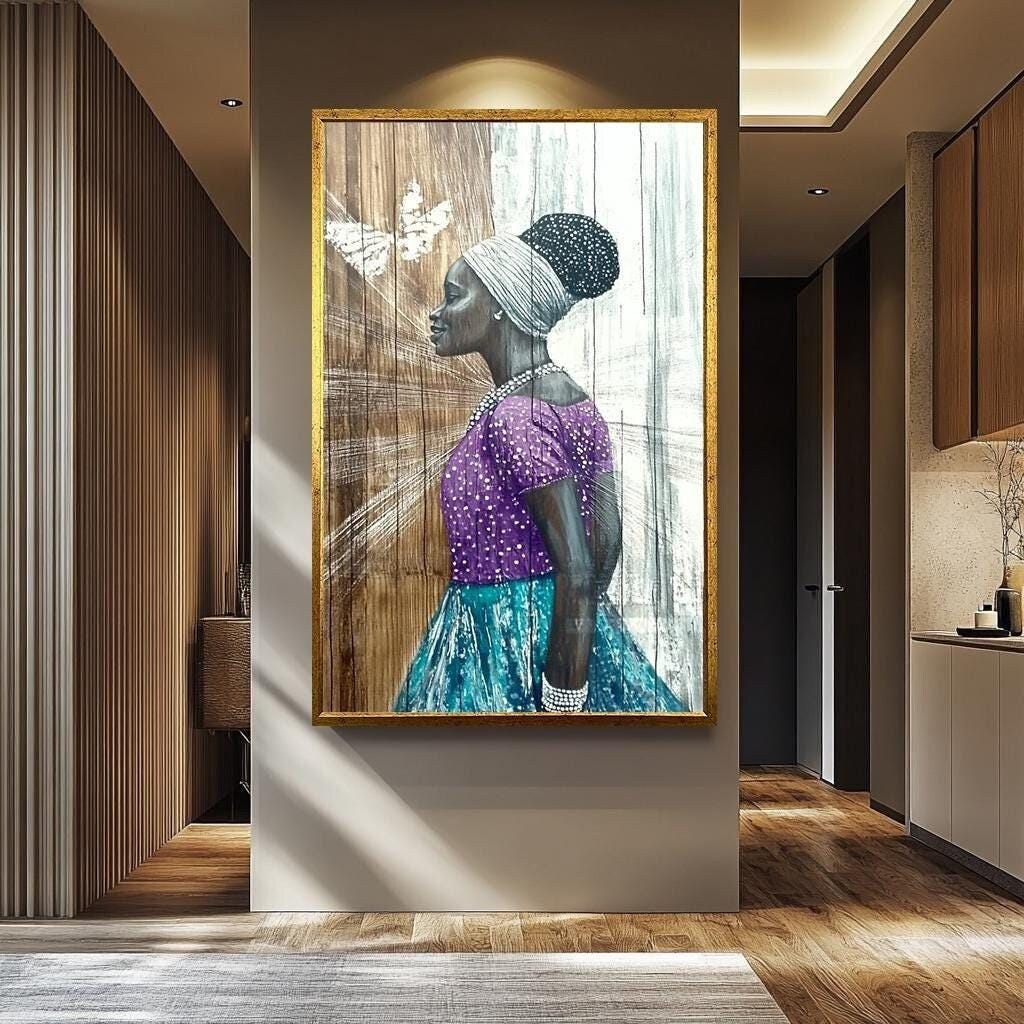 African Women Wall Art – Elegant Female Portrait Painting on Black Woman Canvas