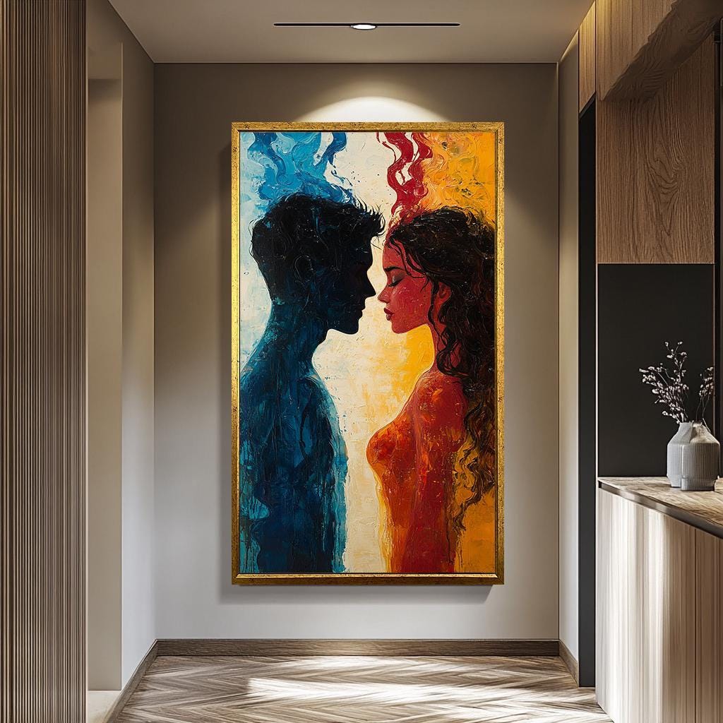 Couple Wall Art - Abstract Fire and Ice Painting | Passionate Blue Red Canvas