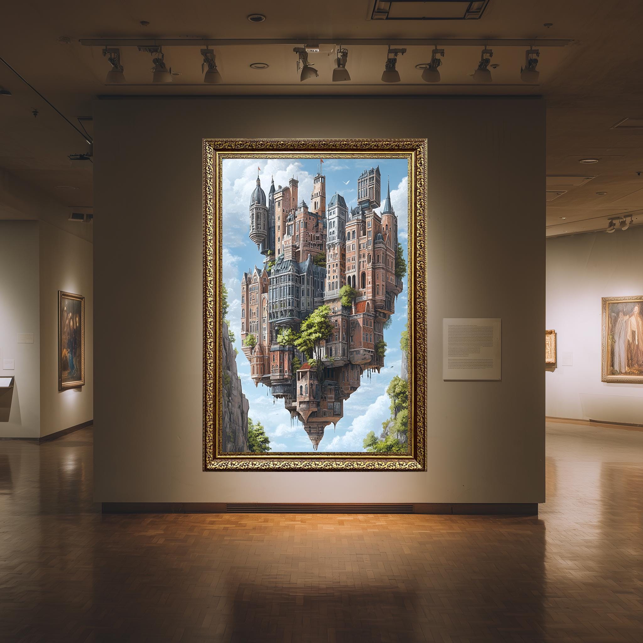 Floating Castle Canvas Surreal Sky Art – Magical Kingdom Print with Upside Down Buildings