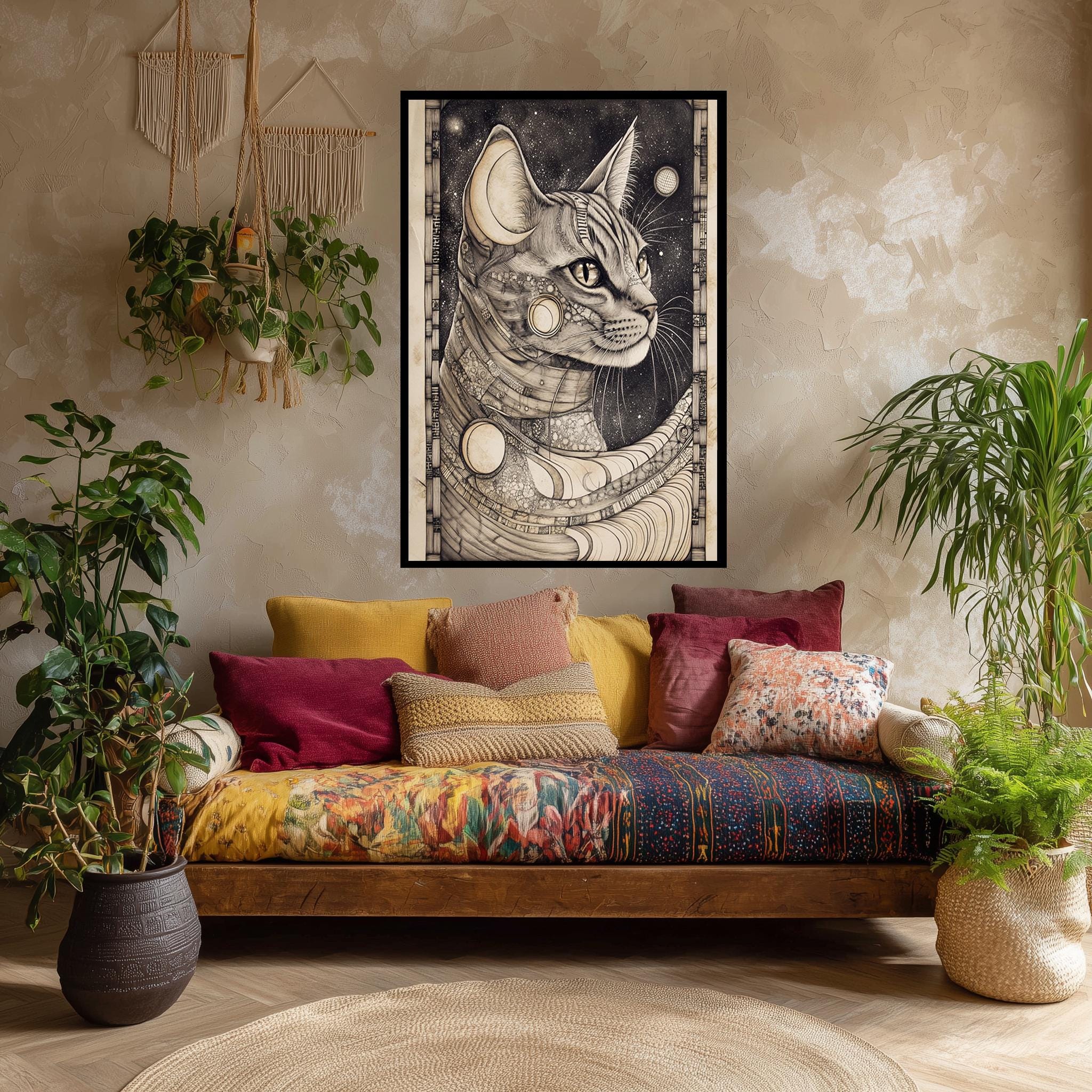 Art Nouveau Cat Canvas - Cosmic Cat Wall Art With Celestial Moon Phases