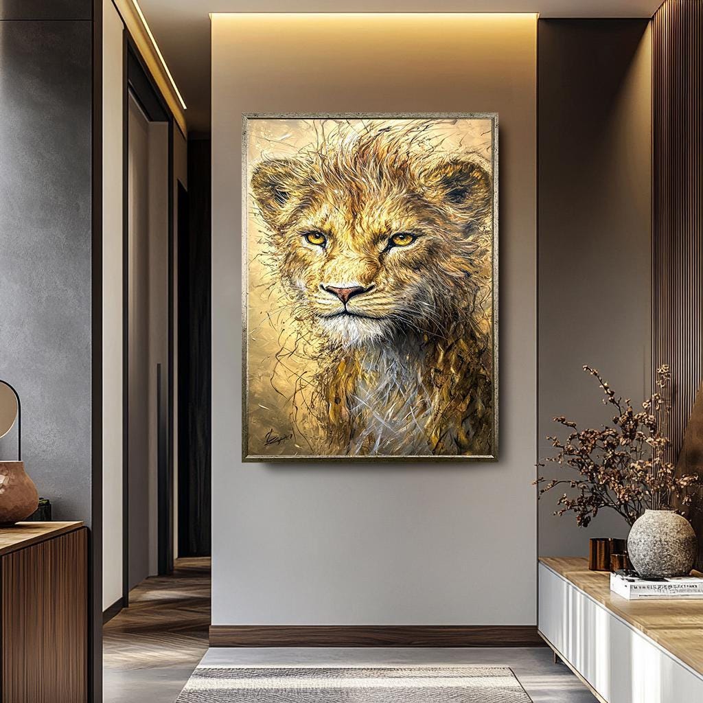 Golden Lion Cub Art – Luxury Wildlife Canvas Painting | Modern Lion Wall Decor