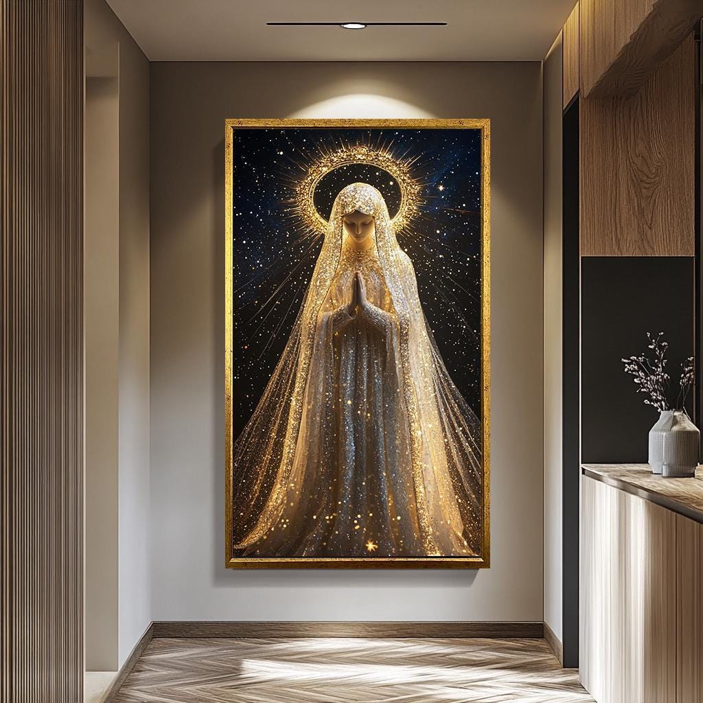 Virgin Mary Wall Art – Mother Mary Canvas Print with Starry Halo | Religious Home Decor
