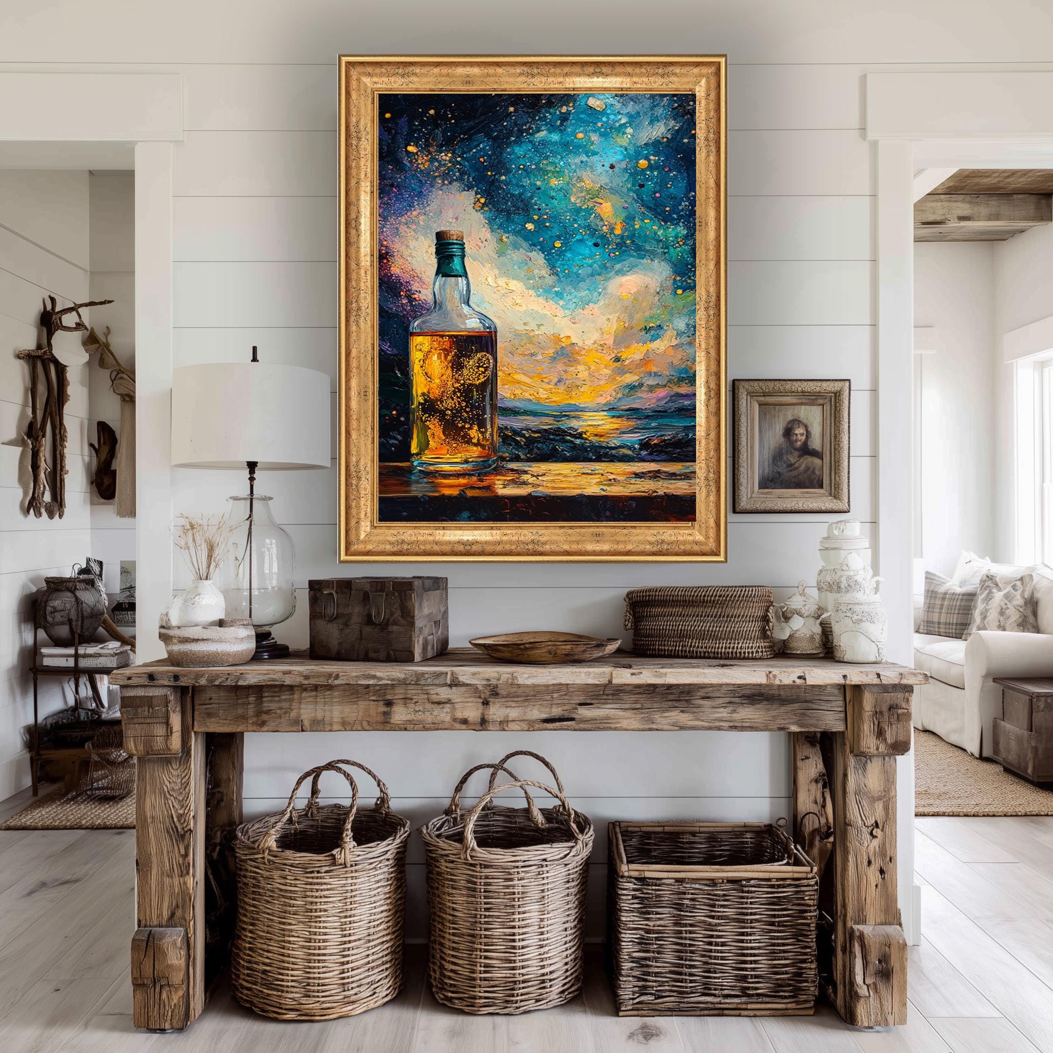 Whiskey Bottle Canvas Abstract Liquor Art – Sunset Alcohol Wall Print For Bar Lounge Decor