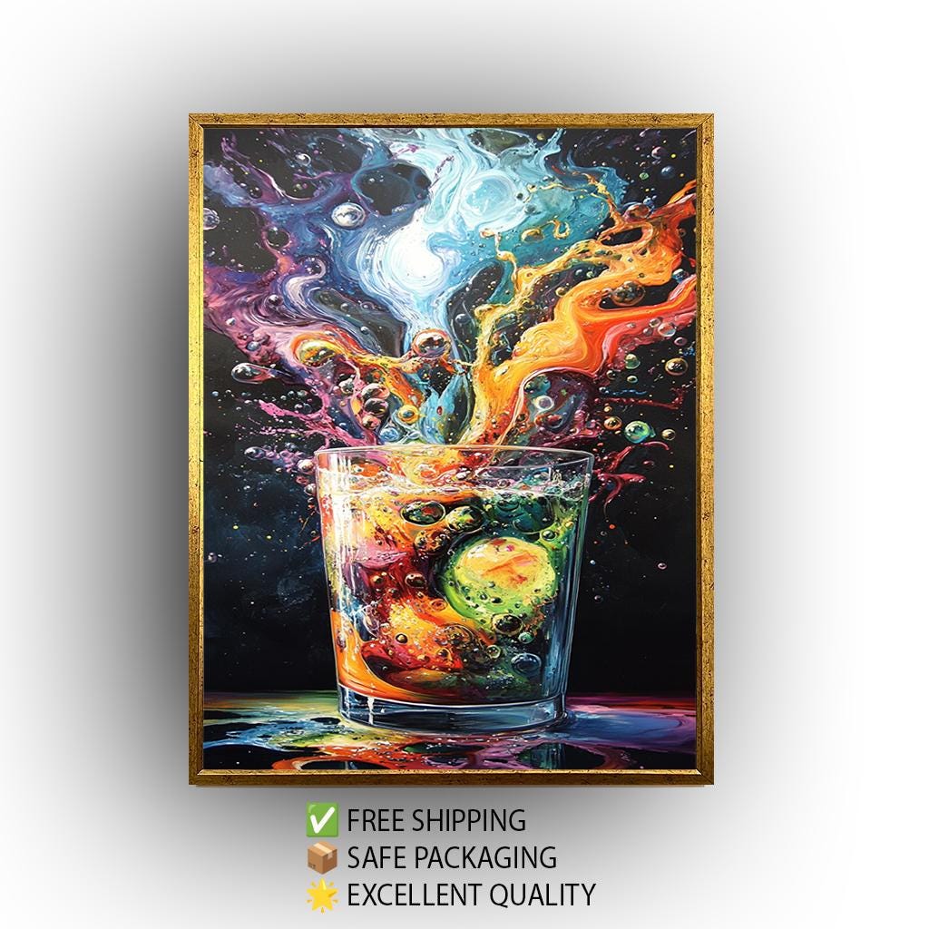 Colorful Cocktail Canvas – Bold Abstract Bar Artwork with Ice Cubes & Vibrant Splash Print