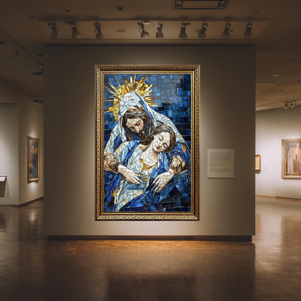 Byzantine Religious Canvas | Mosaic Style Pietà Print - Blue Gold Christian Wall Decor