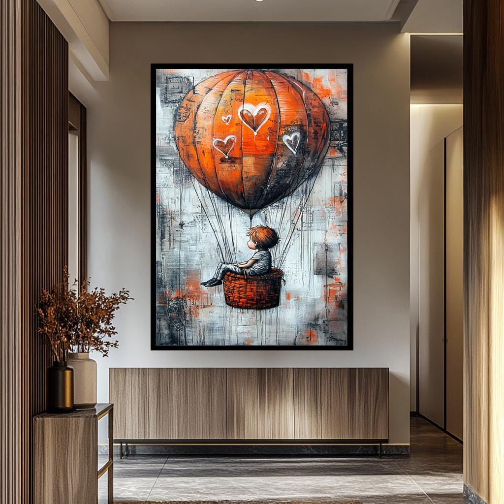 Orange Hot Air Balloon Art - Graffiti Style Canvas With Whimsical Hearts | Modern Urban Artwork
