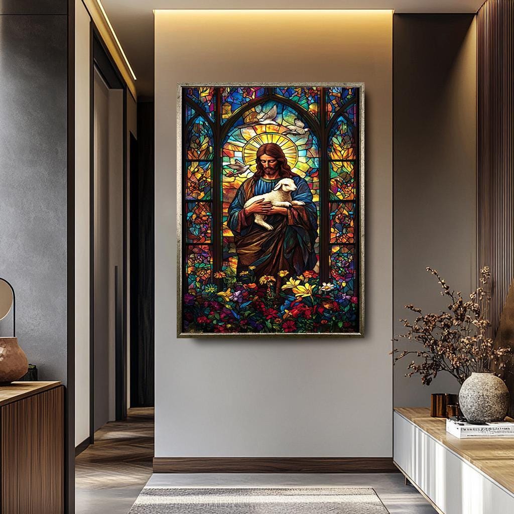 Jesus Christ Canvas Print – Good Shepherd Painting | Vibrant Stained Glass Artwork