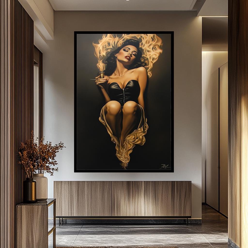 Sensual Women Wall Art - Fiery Female Canvas | Abstract Women Portrait | Black Gold Artwork