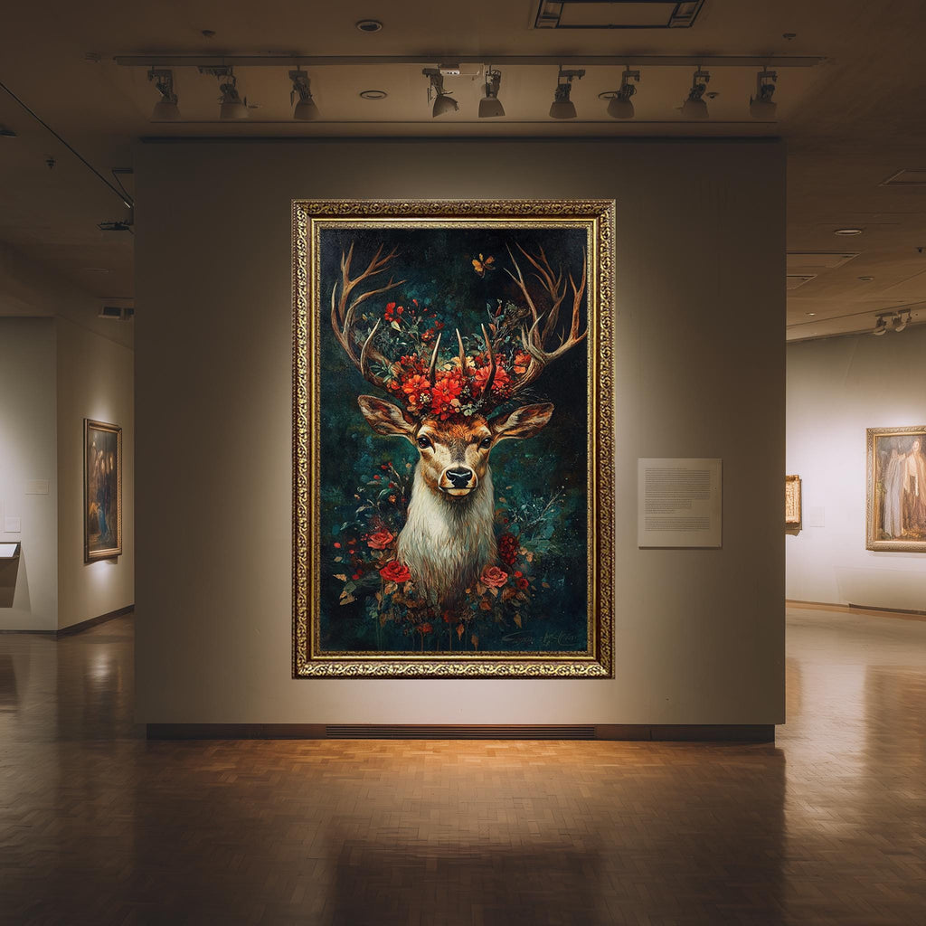 Deer Floral Canvas Print – Woodland Wall Art | Rustic Animal Painting with Botanical Antlers