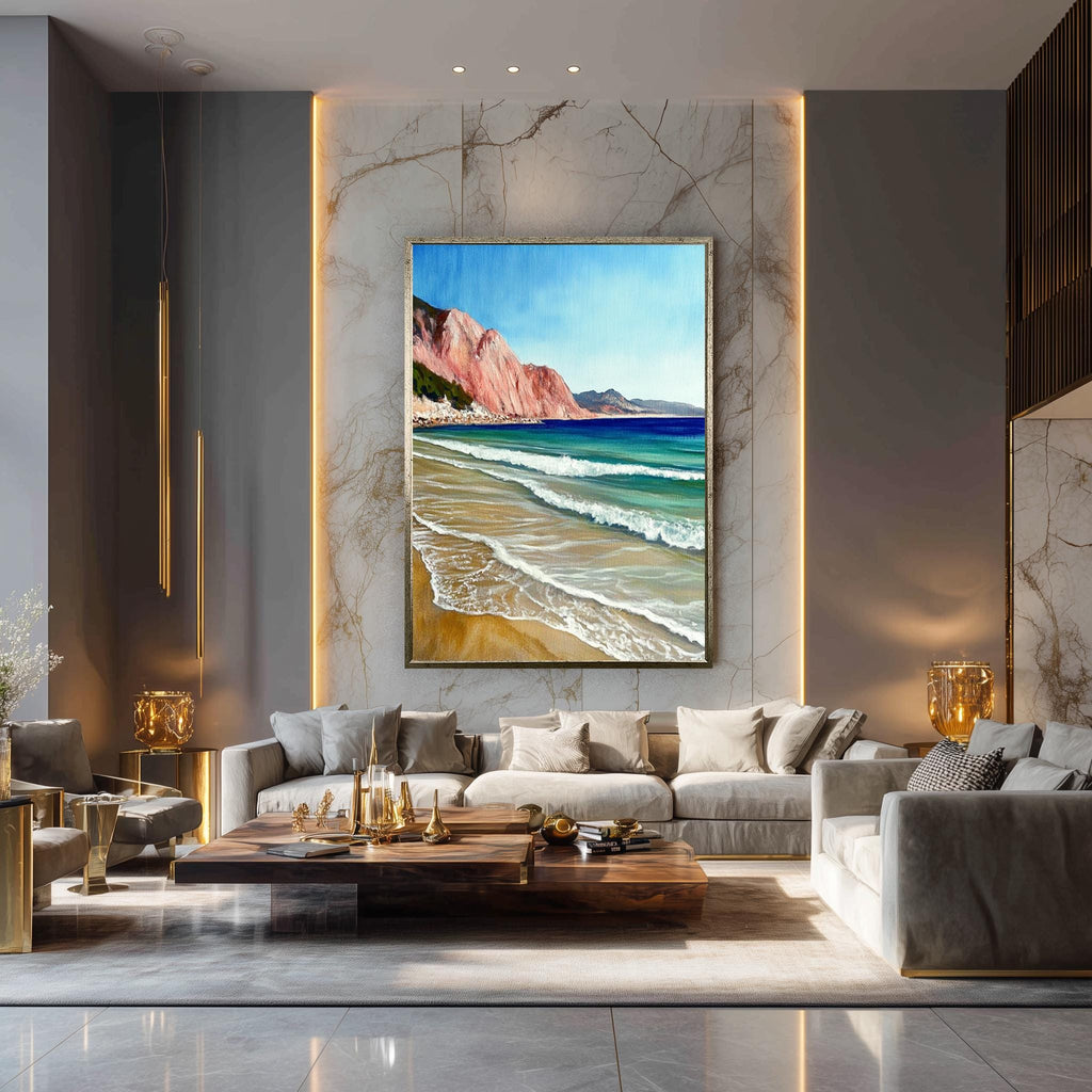 Beach Canvas Wall Art – Coastal Turquoise Sea Waves & Pink Cliffs Print