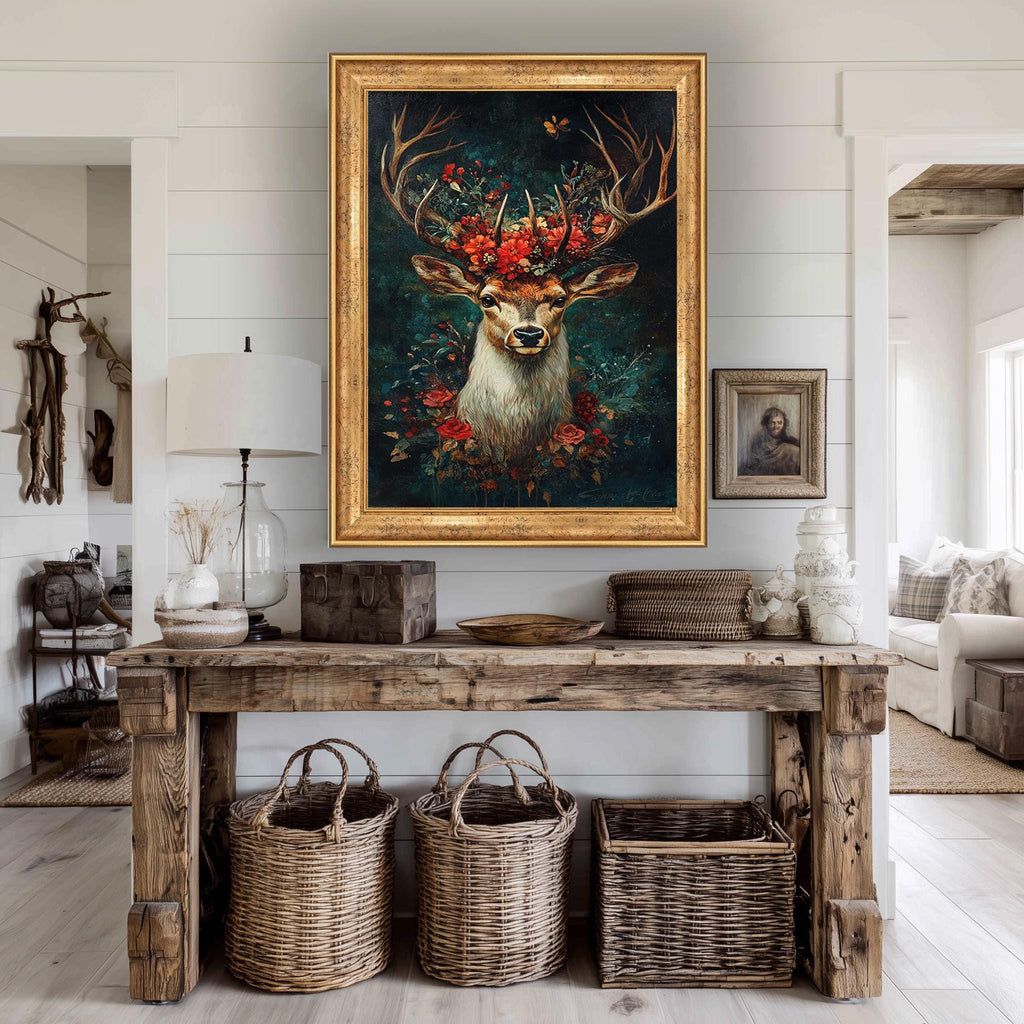 Deer Floral Canvas Print – Woodland Wall Art | Rustic Animal Painting with Botanical Antlers