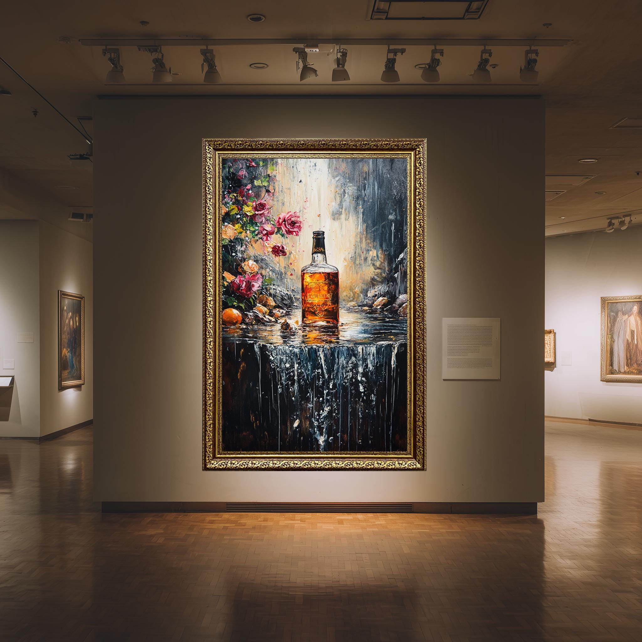 Whiskey Bottle Wall Art – Floral Canvas Print With Waterfall, Romantic Bar Artwork
