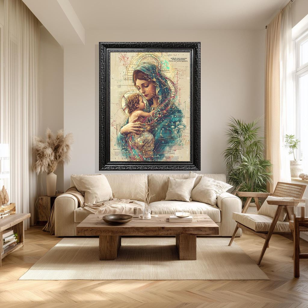 Mother and Child Canvas | Sacred Family Print - Virgin Mary Artwork with Double Helix Halo