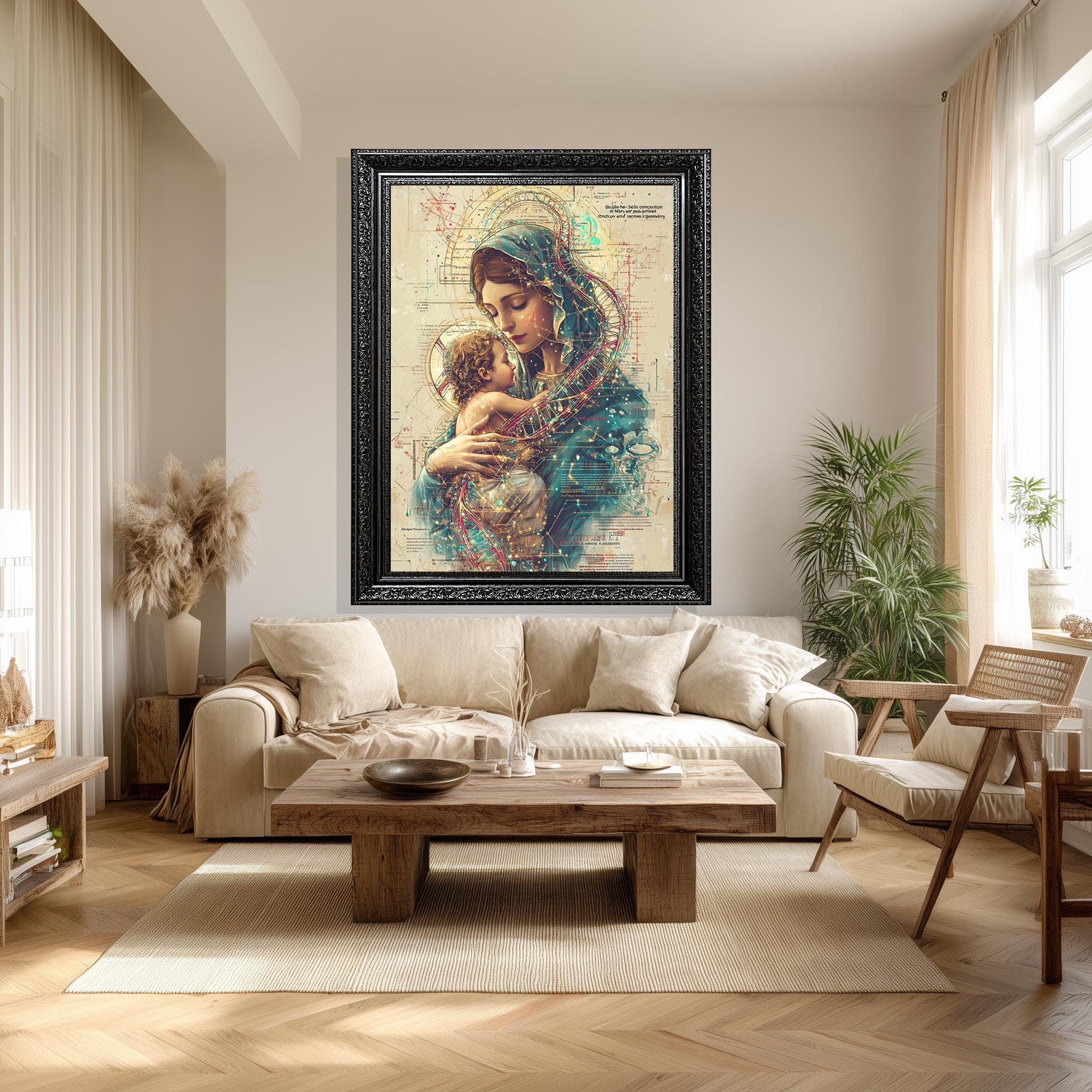 Mother and Child Canvas | Sacred Family Print - Virgin Mary Artwork with Double Helix Halo