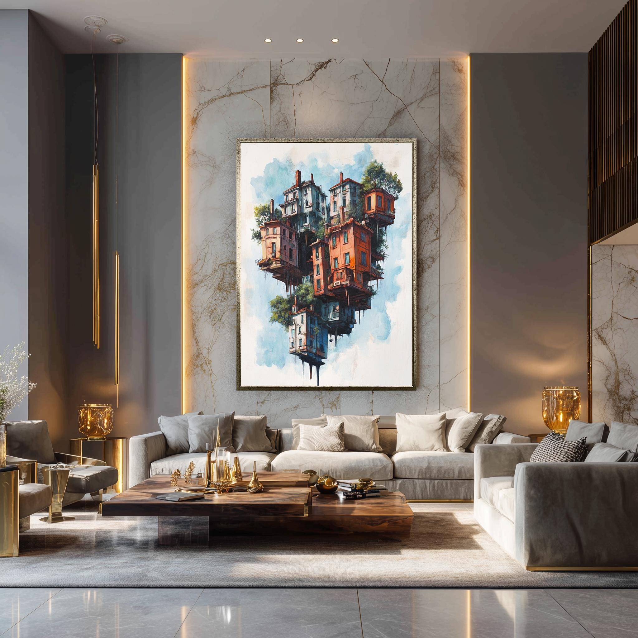 Floating Houses Canvas Art – Surreal Architecture Print With Colorful Sky Island