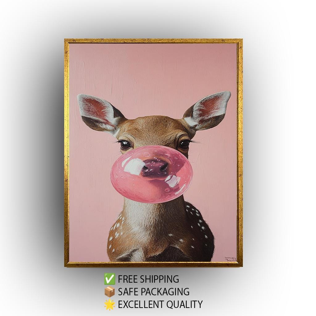 Deer Wall Art – Cute Bubble Gum Deer Print on Pink Nursery Canvas Decor
