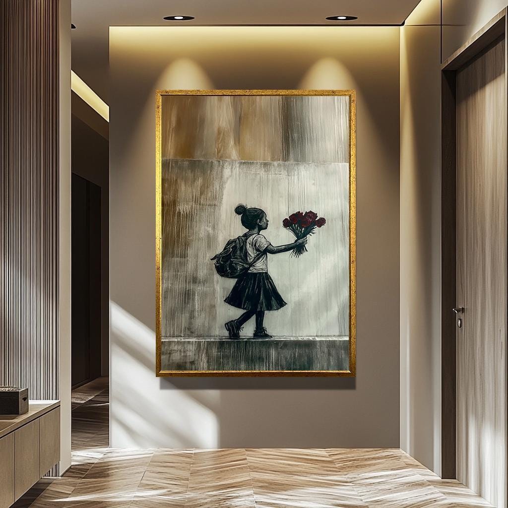 Banksy Wall Art – Girl with Roses Print | Urban Minimalist Canvas Painting